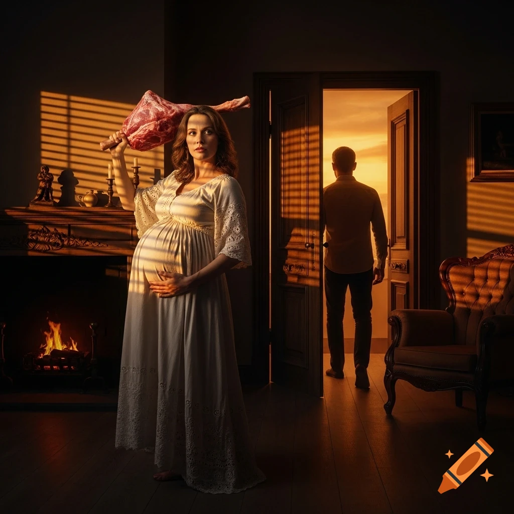 Photorealistic image of a pregnant woman holding a leg of lamb like a club in a dim, dramatically lit room as a man exits through a doorway.