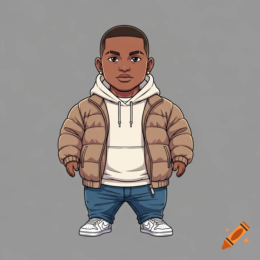 2D cartoon character of a dark-skinned male in a beige puffer jacket, cream hoodie, blue jeans, and white sneakers, on a gray background.
