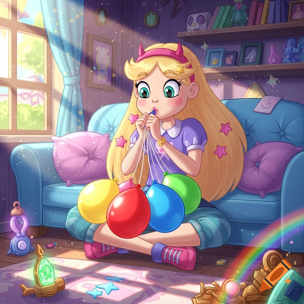 Star Butterfly sits on the floor in a colorful, sunlit room, blowing up multiple balloons in a cartoon style.