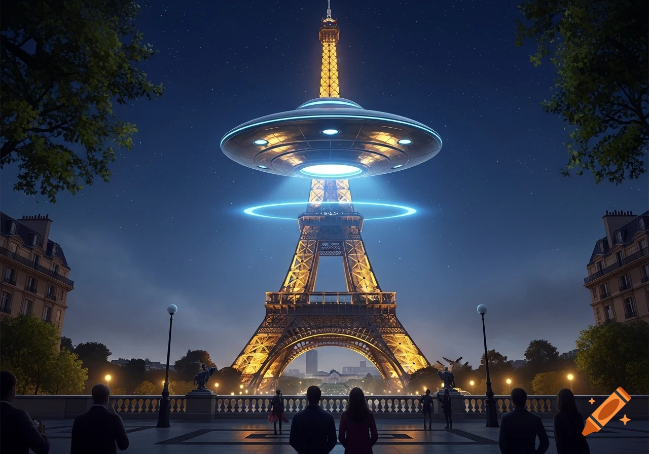 A UFO hovers above the illuminated Eiffel Tower at night, as people watch from a Parisian street.