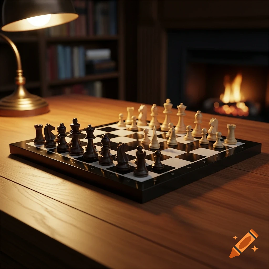 A photorealistic image of a full chess board with pieces set up on a wooden table, illuminated by a desk lamp. A fireplace with a warm fire and a bookshelf are visible in the blurred background.