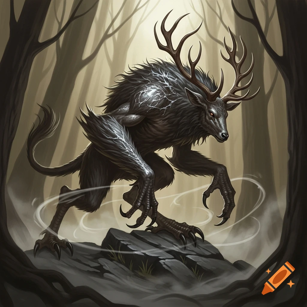 A dark furry monster with a deer head, antlers, glowing patterns, and taloned bird feet stands in a shadowy forest, digital art.