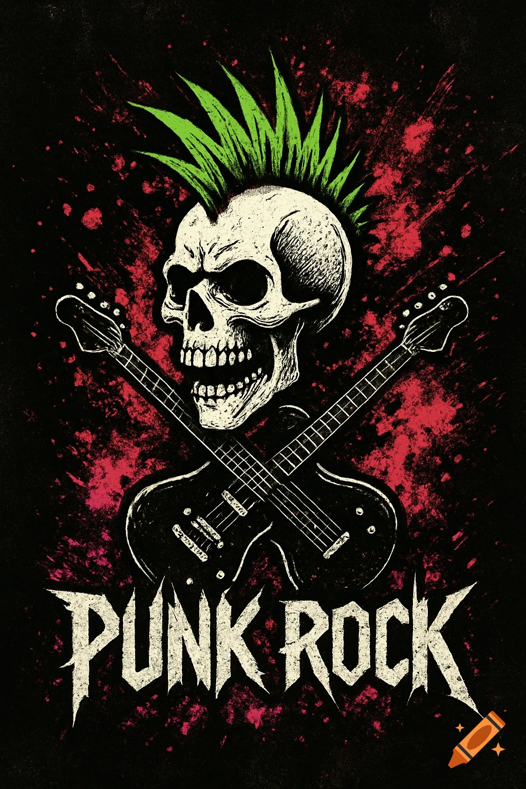 Stylized punk rock logo featuring a skull with a green mohawk and two crossed electric guitars, with 'PUNK ROCK' text.