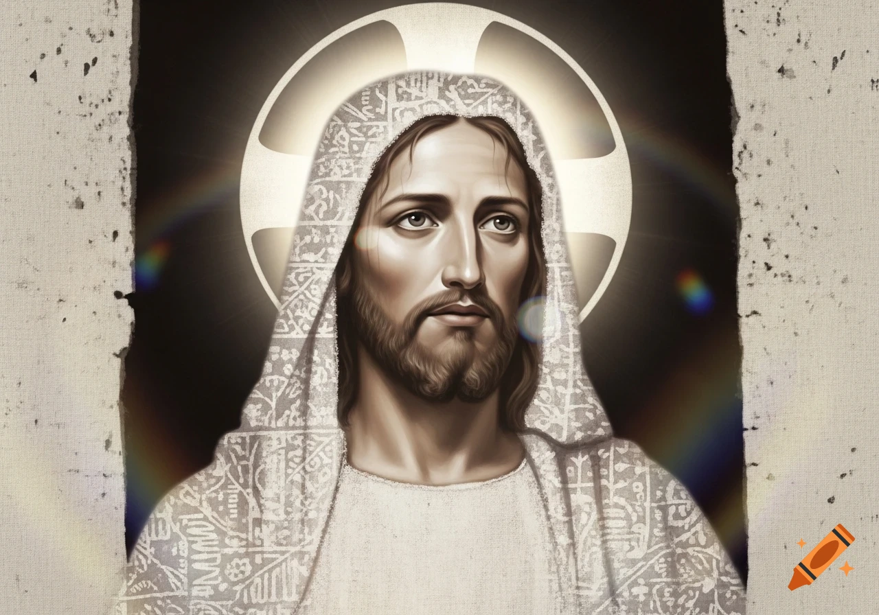 A stylized portrait of Jesus Christ with a beard and long hair, wearing a white patterned head covering and robe, against a dark background with a glowing halo and lens flares.