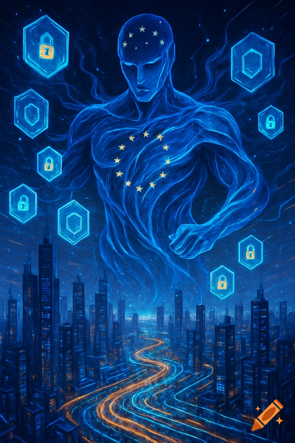 A glowing blue ethereal figure, representing the EU with stars, stands above a futuristic city with data streams, surrounded by hexagonal cybersecurity lock icons.