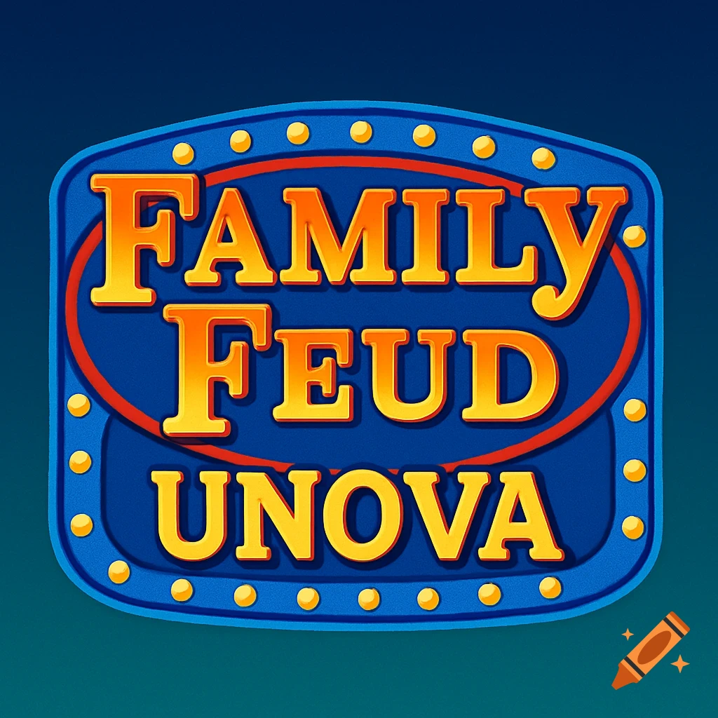 A blue, rounded rectangular logo with yellow dots and a red oval border, displaying the orange-yellow text 'FAMILY FEUD UNOVA'.