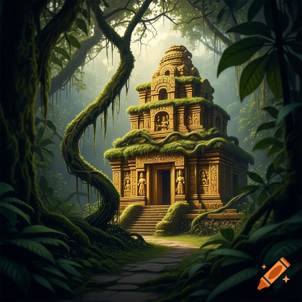 Ancient golden temple overgrown with green vines in a dense, misty jungle.