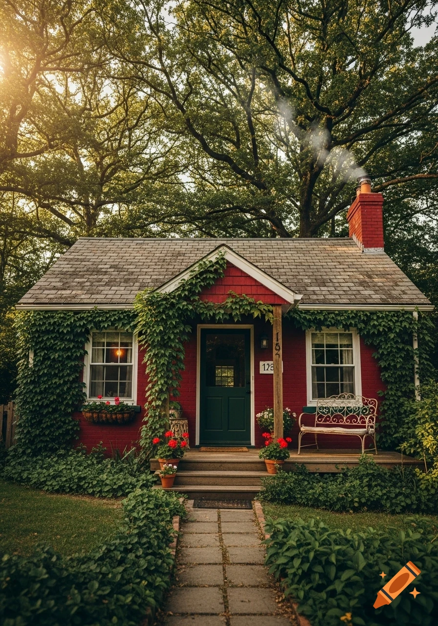A picturesque red cottage covered in ivy with a dark green door, white windows, and a stone path, bathed in golden sunlight.