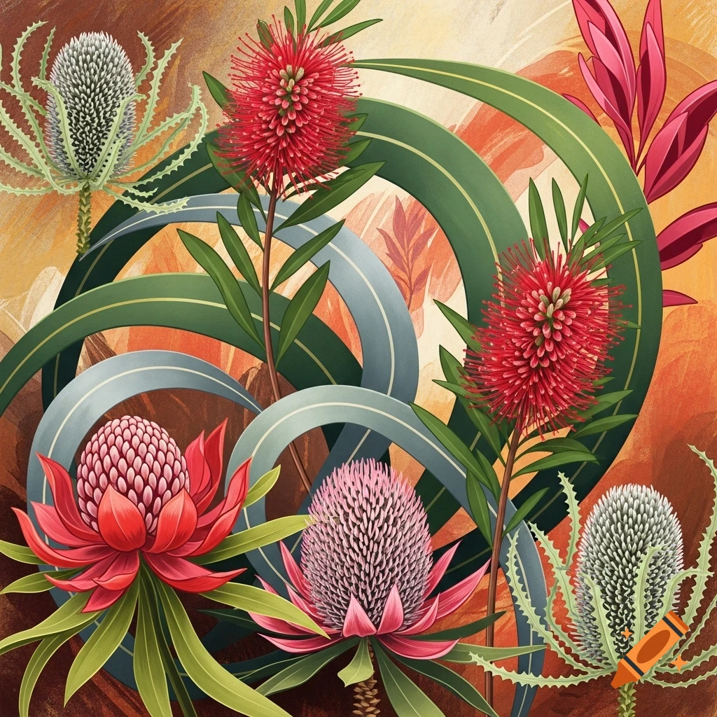 Vibrant stylized illustration of Australian flora, featuring red bottlebrush and pink protea-like flowers with green leaves.