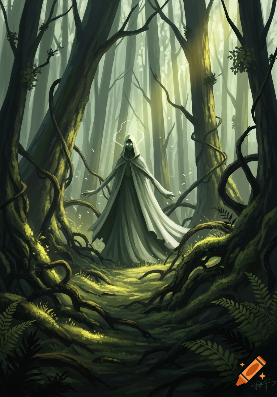A hooded figure with glowing eyes stands in a lush, green forest with sunlight filtering through trees.