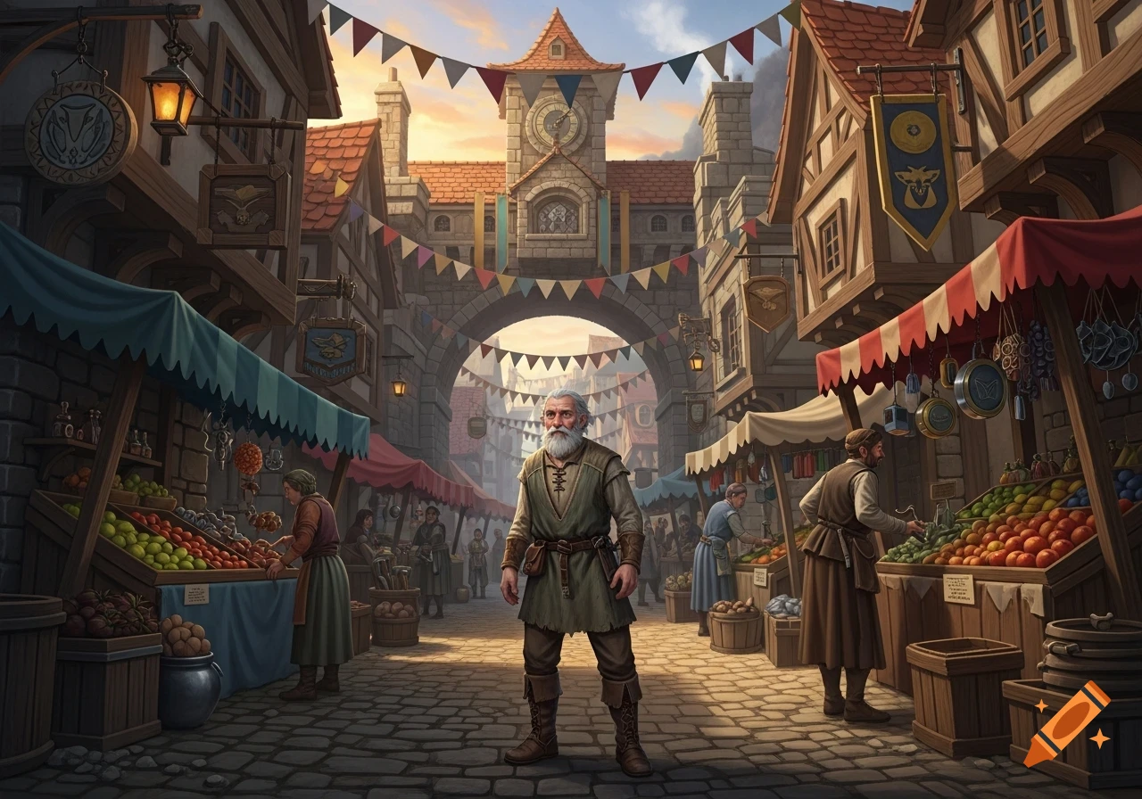 A bearded man in a tunic stands in a bustling medieval fantasy marketplace with market stalls, shoppers, and a clock tower in the background.