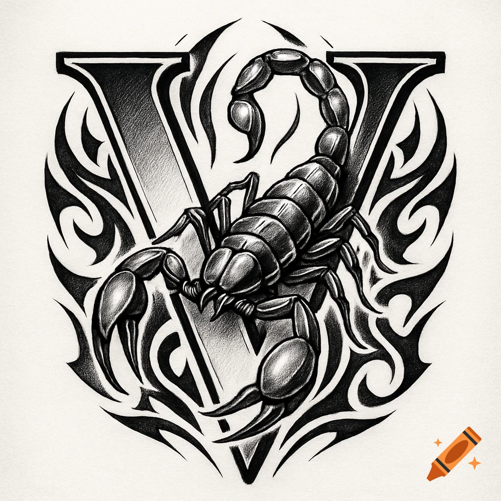 A black and white tattoo-style illustration of a scorpion with its claws and tail wrapping around a stylized capital letter V.