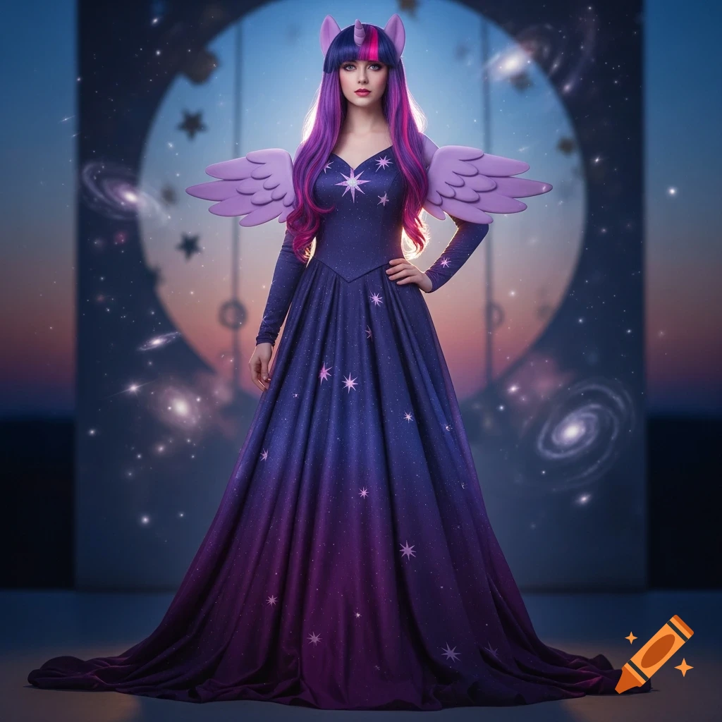 A woman in a dark blue and purple gown with a unicorn horn, purple wings, and star patterns, against a cosmic background.