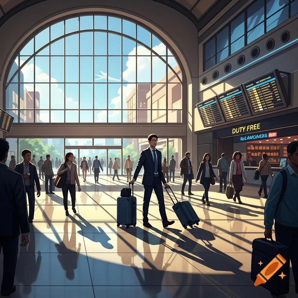 A stylized illustration shows people in a bustling airport terminal with large arched windows, sunlight casting shadows, and a man pulling two suitcases.
