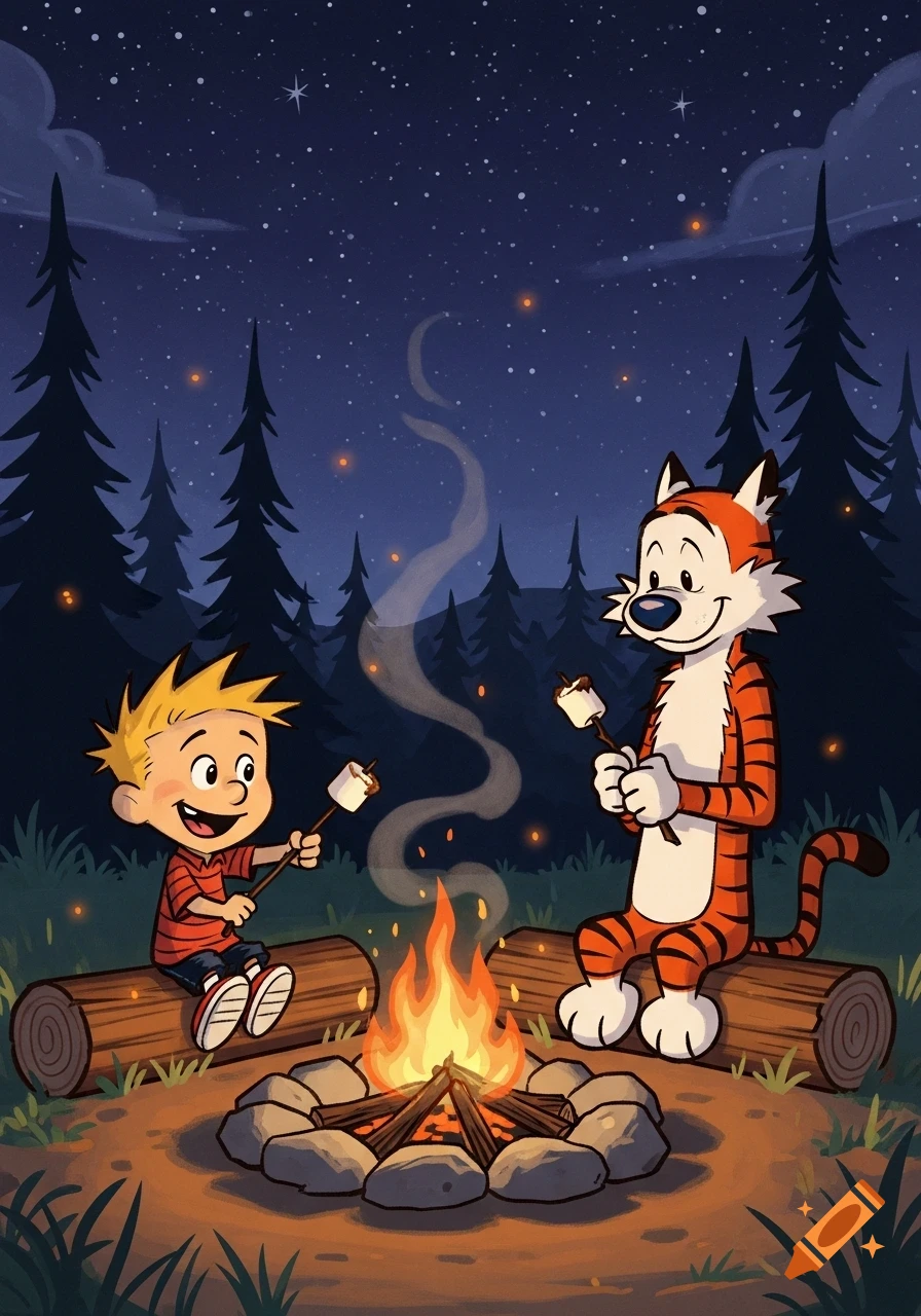 Calvin and Hobbes roasting marshmallows over a campfire under a starry night sky in a forest.
