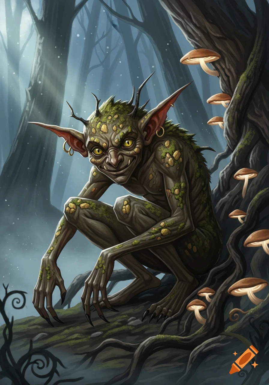 A creepy, moss-covered goblin with long ears, sharp teeth, and yellow eyes crouches in a dark, misty forest with glowing mushrooms.