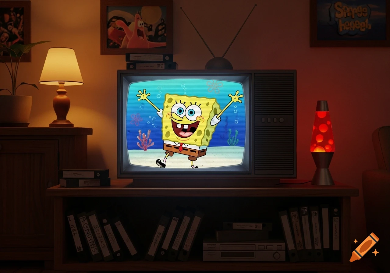 Spongebob Squarepants displayed on a vintage 2000s analog television set, surrounded by a lamp, a lava lamp, and old VHS tapes in a dimly lit room.