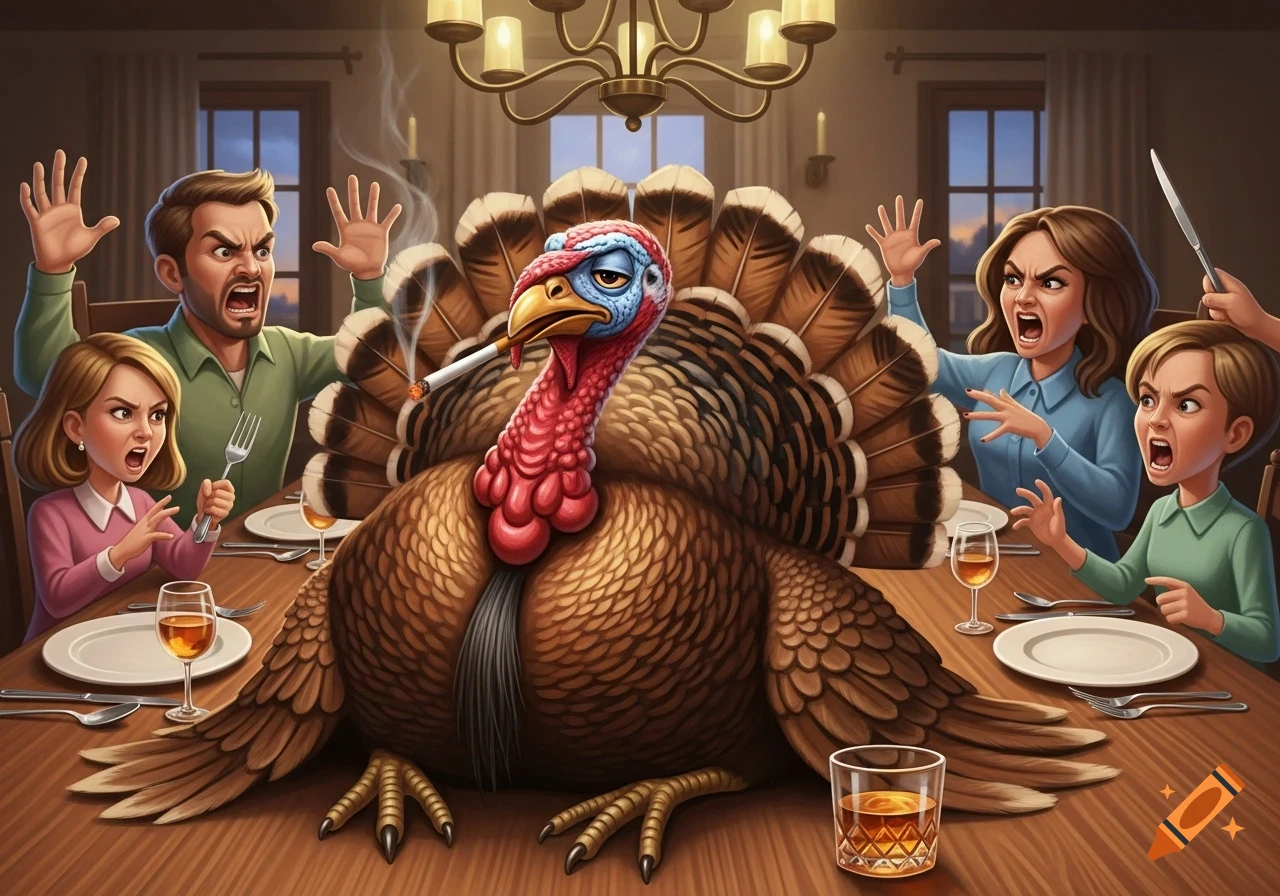 A stylized cartoon shows a turkey smoking a cigarette and drinking whiskey at a dinner table, looking smugly at the viewer while a family in the background argues.