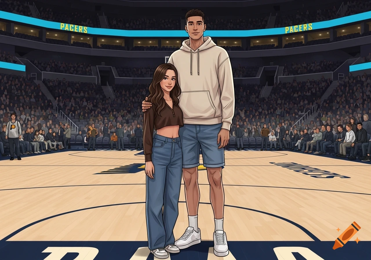 A tall man and a shorter woman stand courtside at an Indiana Pacers NBA game, depicted in a semi-realistic digital illustration.