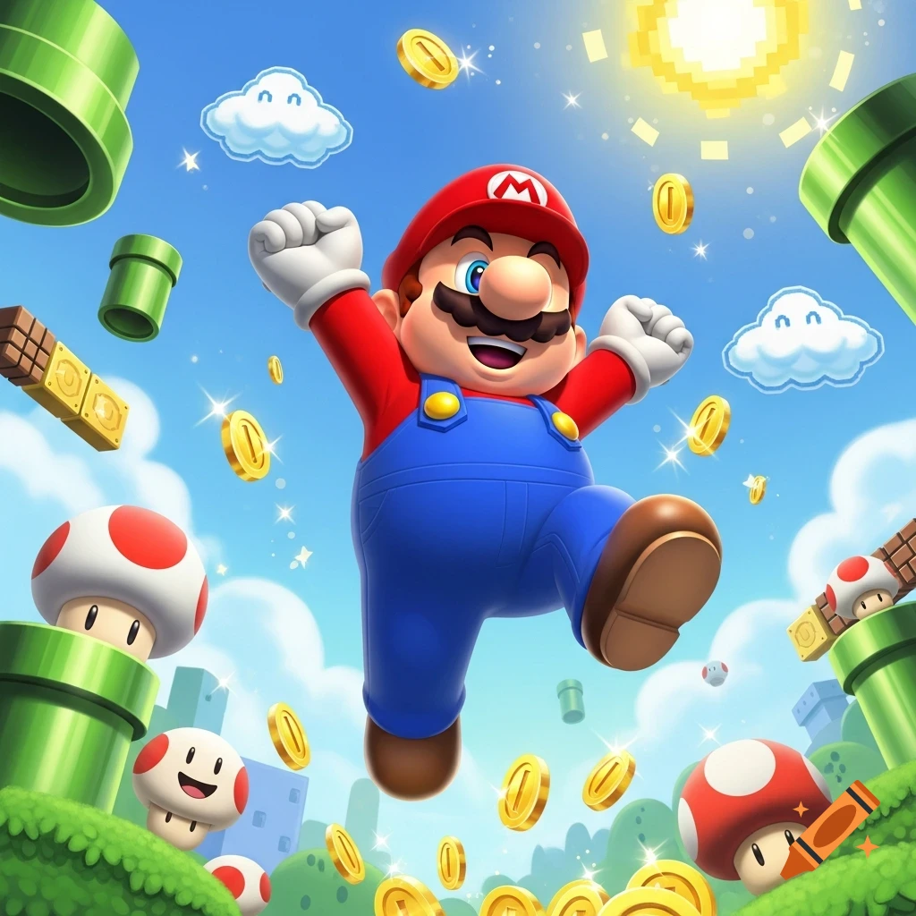 Cartoon Mario jumps enthusiastically in a bright blue sky, surrounded by green pipes, red mushrooms, and sparkling gold coins.