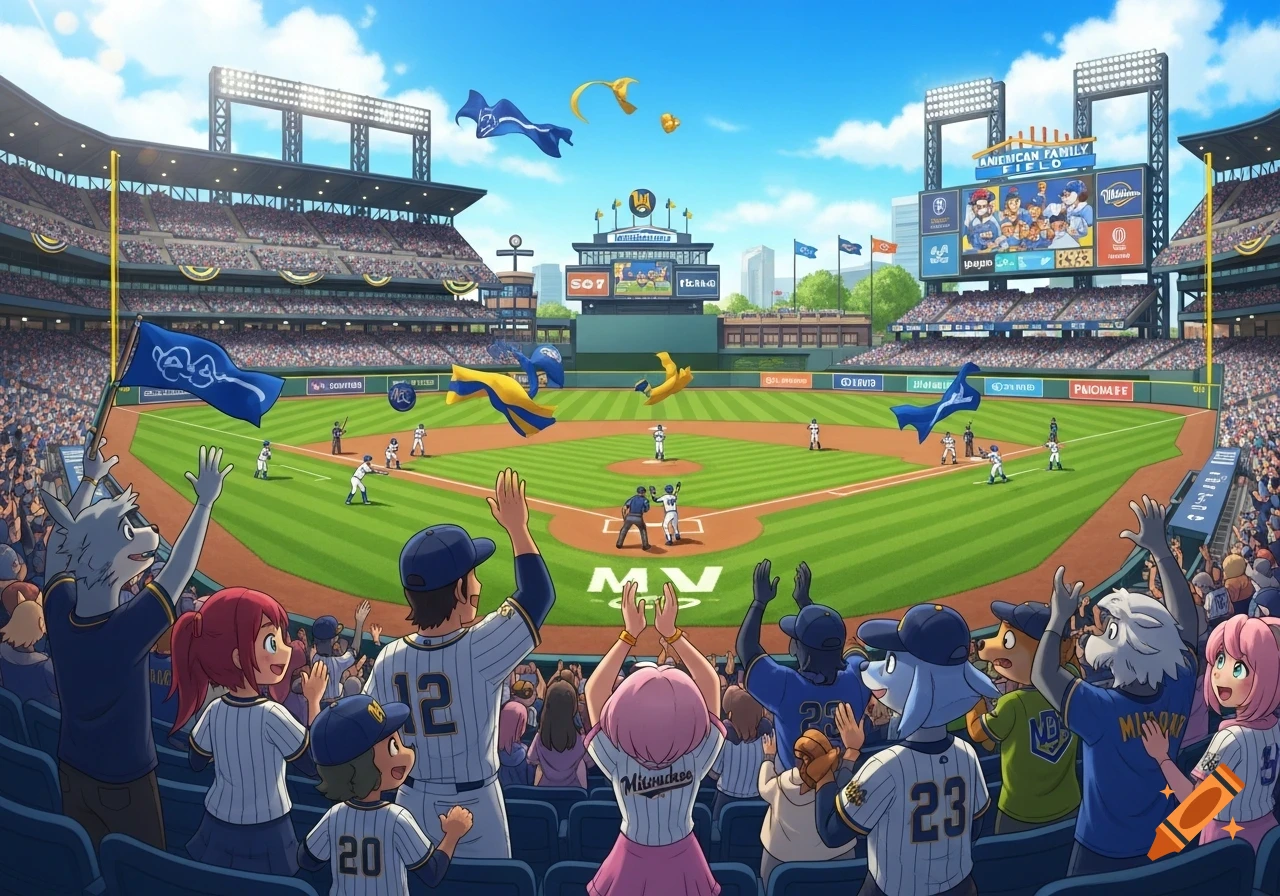 An anime-style baseball game from the stands, showing fans (some furry characters) cheering, with players on the field and scoreboards visible.