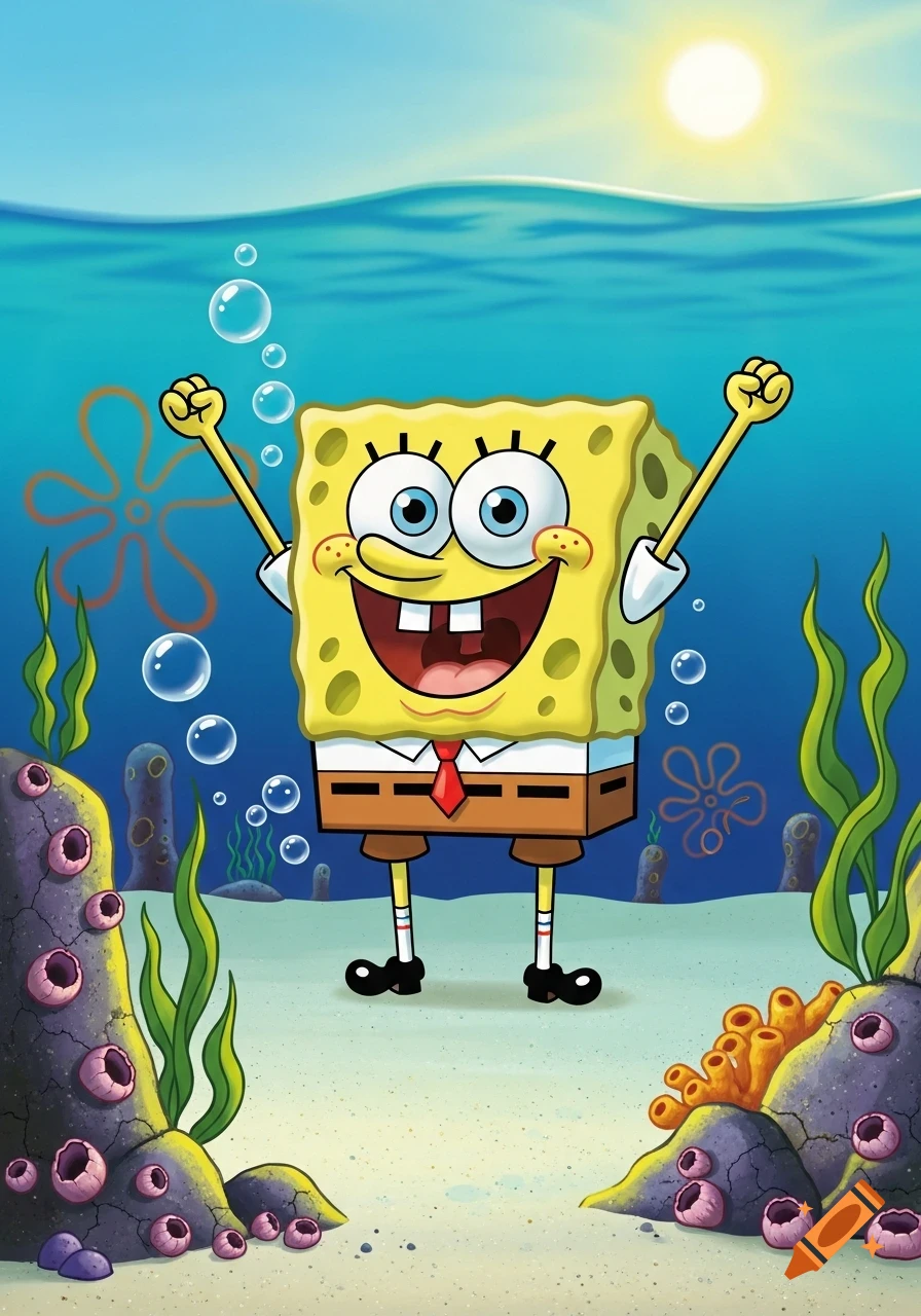 Spongebob Squarepants smiling with arms raised underwater, surrounded by bubbles, coral, and seaweed, with the sun shining.
