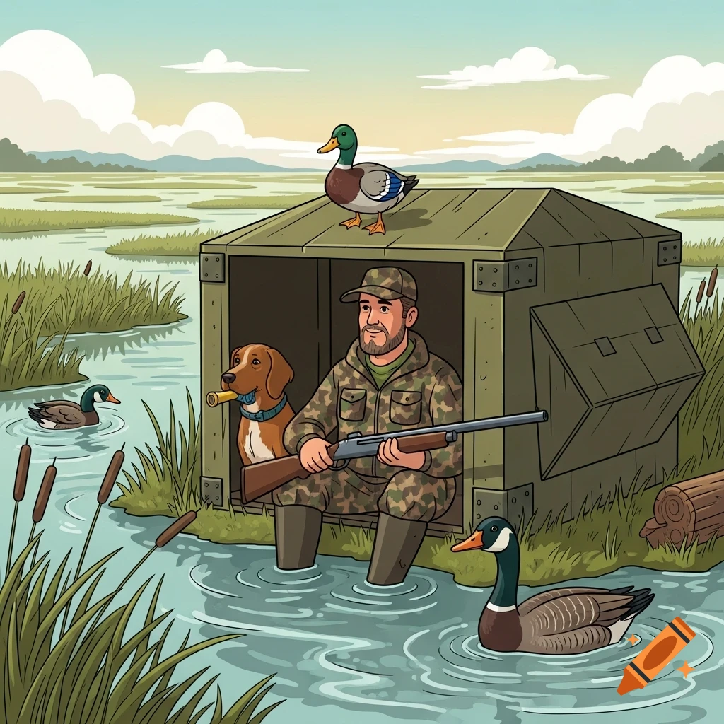 A cartoon duck hunter in camo sits in a duck blind in a marsh with his dog and various ducks and geese.