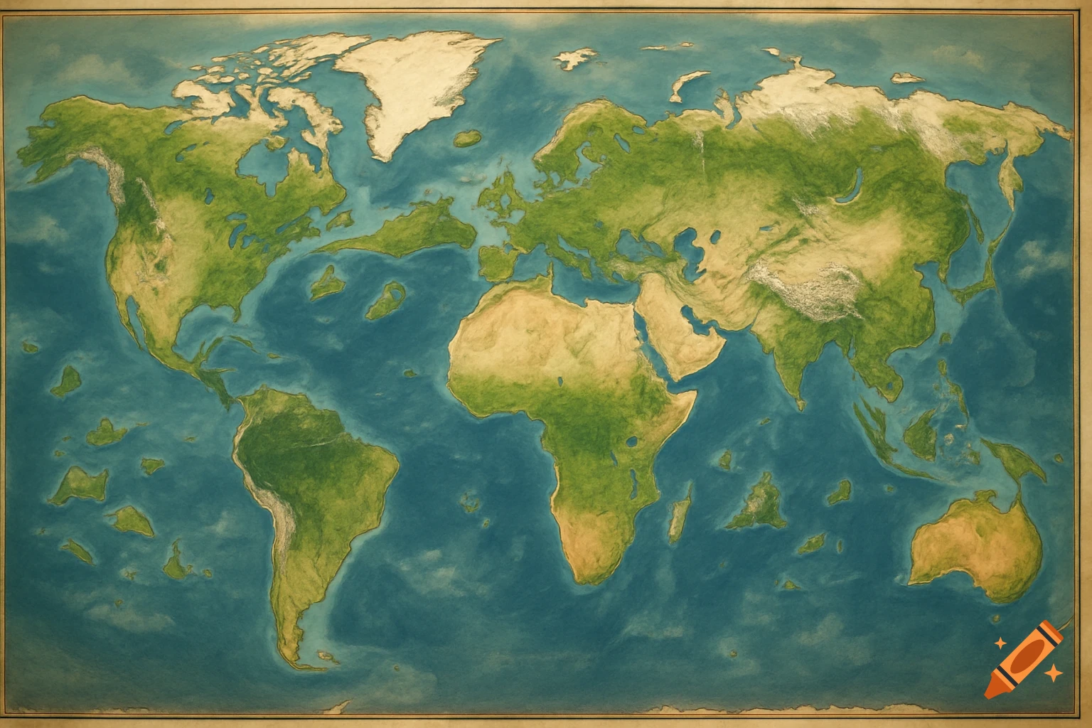 An artistic, vintage-style world map with altered geography, showing Doggerland, a land bridge connecting North America and Russia, and new island chains.