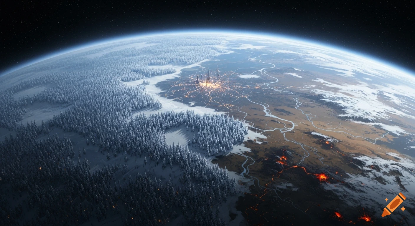 A planet viewed from space, featuring snowy pine forests on one side, a sprawling illuminated city, and volcanic activity across a muddy desert on the other side.