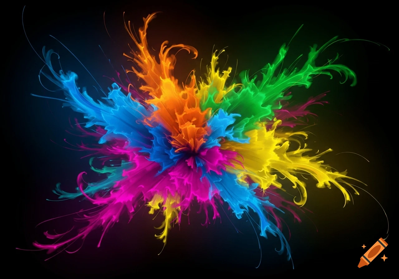 A vibrant explosion of colorful paint splatters, including blue, orange, pink, green, and yellow, against a dark background.