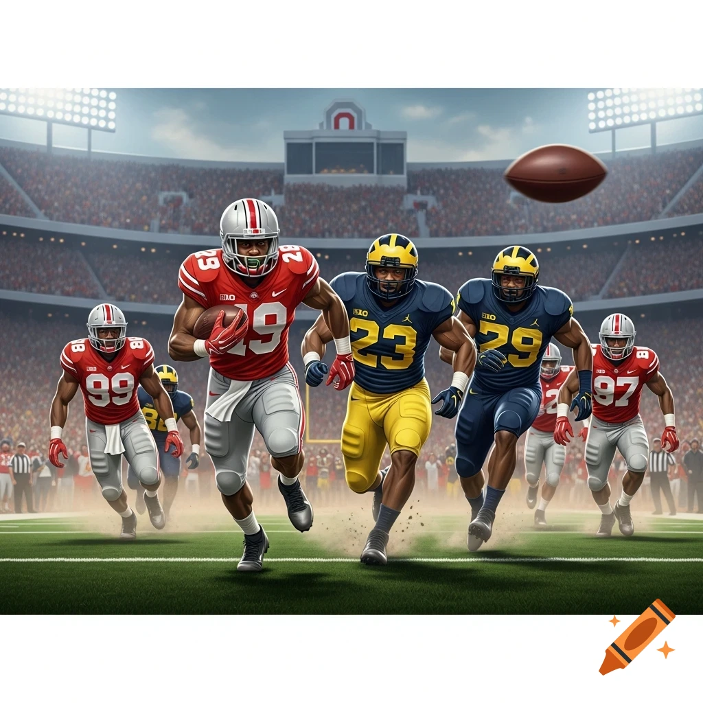 Ohio State and Michigan football players run in a stadium, chasing a fumbled football.