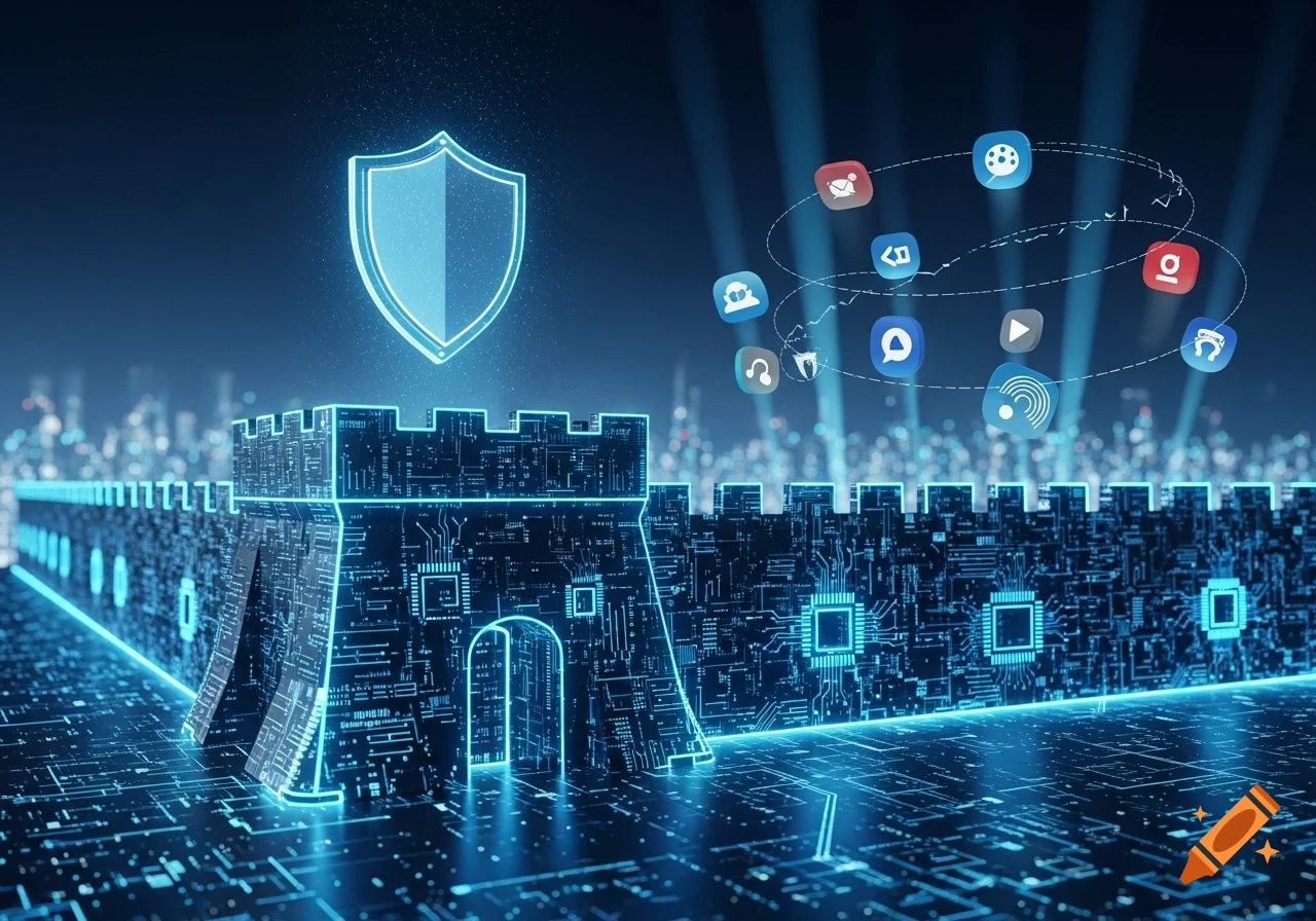 Glowing shield above a digital circuit board firewall protecting abstract app icons with a futuristic city background, symbolizing cybersecurity.