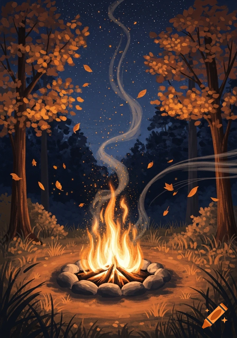 Stylized illustration of a glowing campfire in an autumn forest at night under a starry sky.