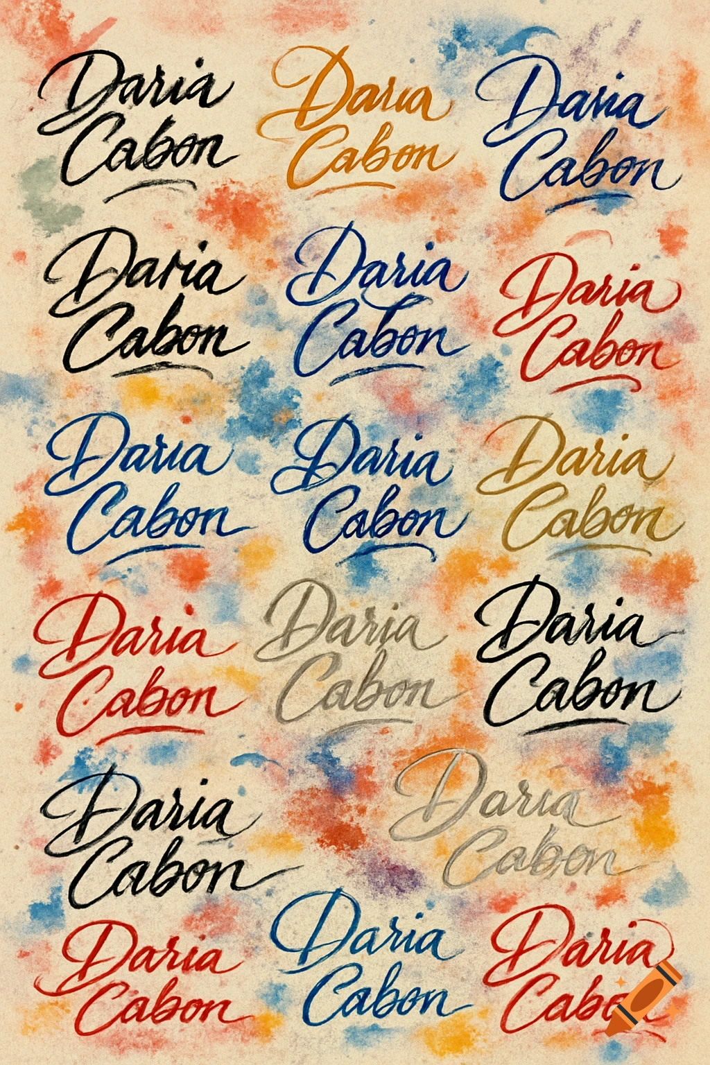 Many handwritten 'Daria Cabon' signatures in various script fonts and colors on a watercolor splatter background.