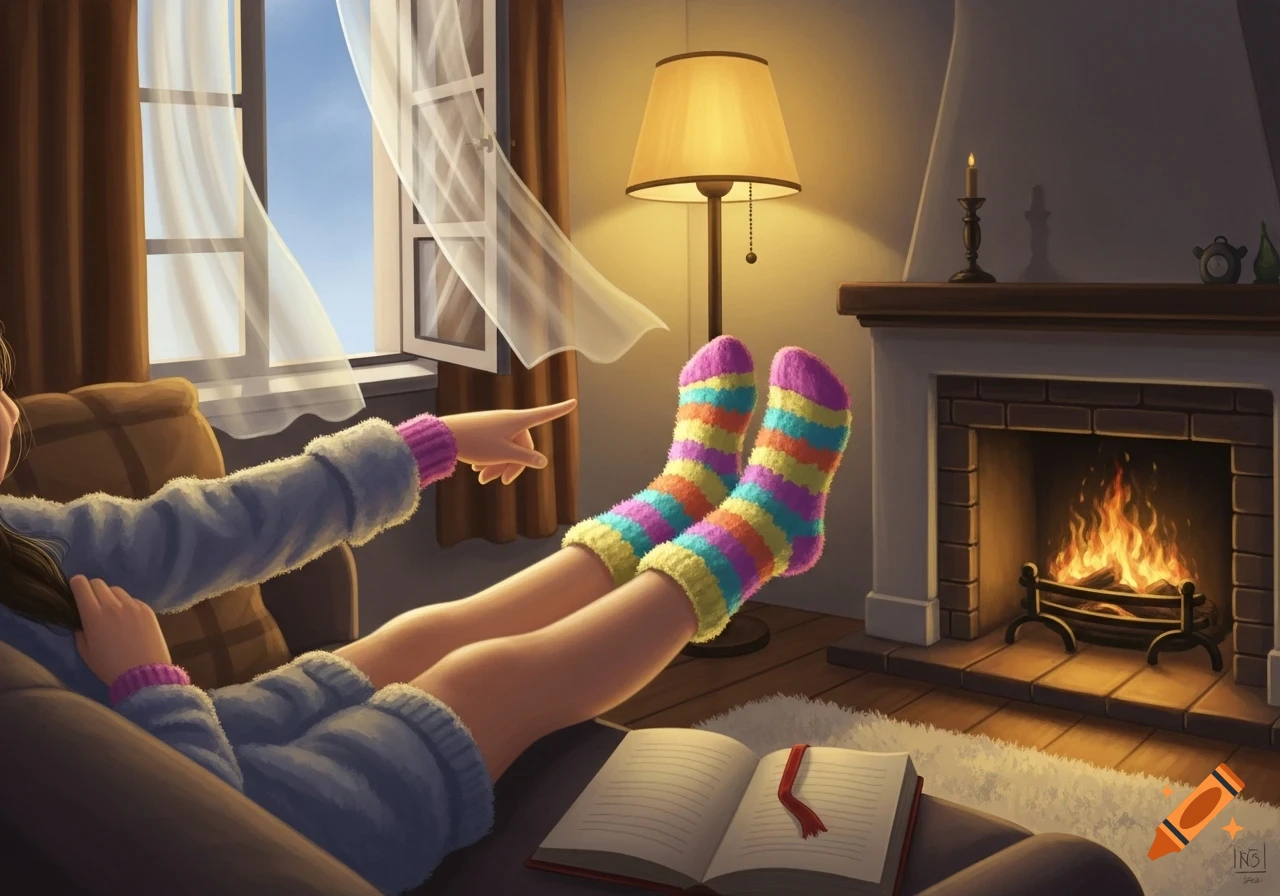 A person in fuzzy, colorful striped socks and a sweater, relaxing by a fireplace with an open book, pointing out an open window.