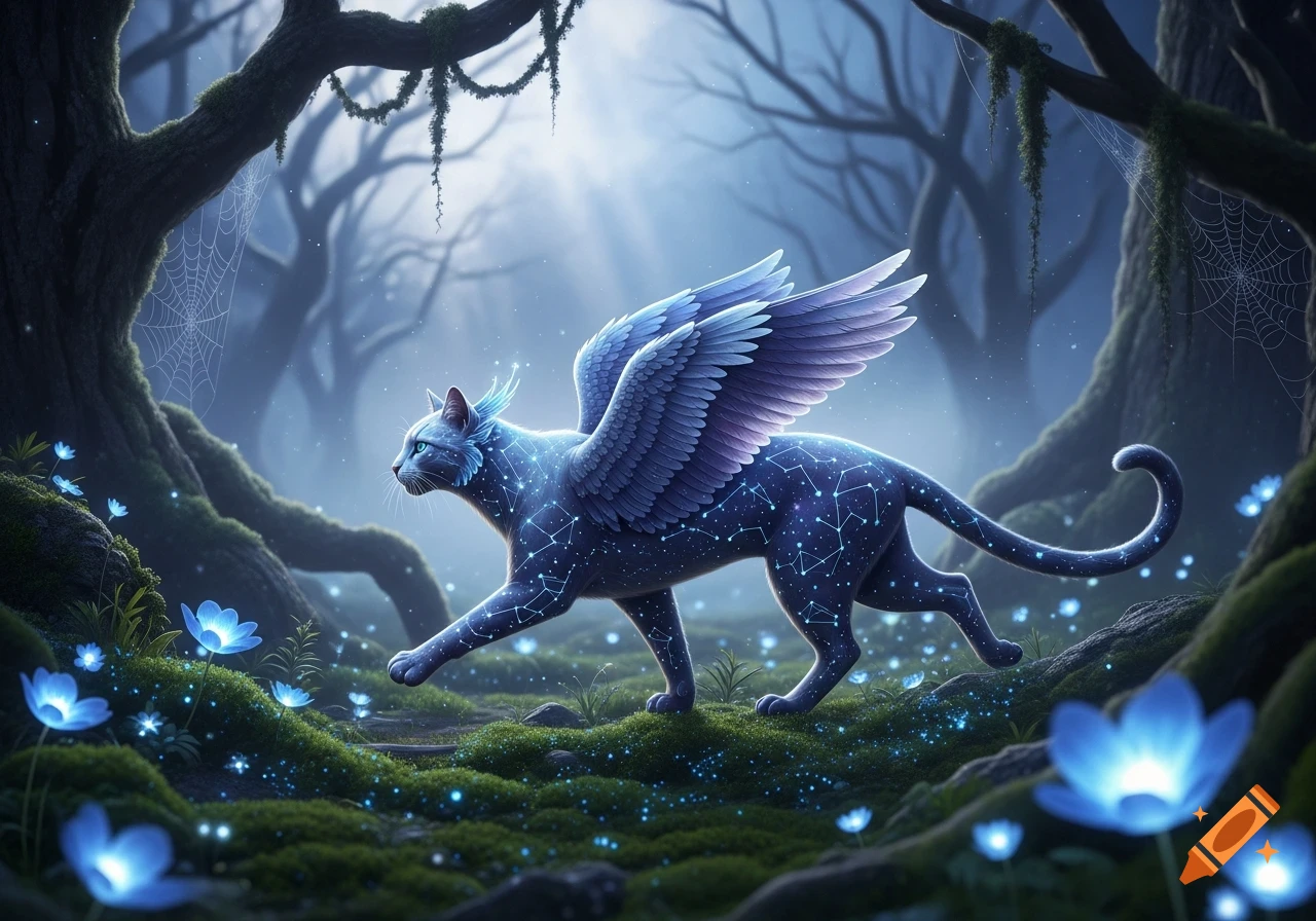 A glowing, winged, blue-purple cat with star patterns walks through a magical forest with luminous blue flowers.