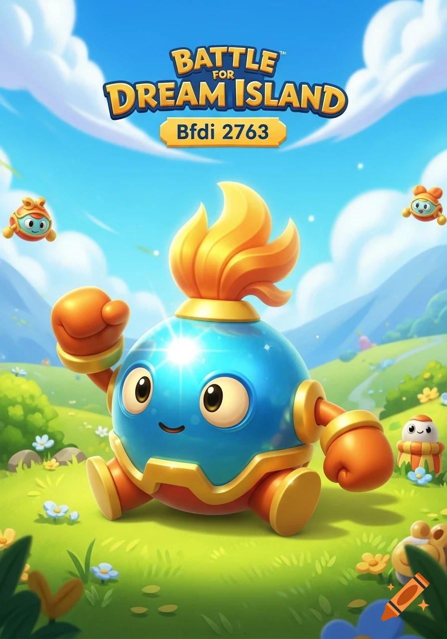 Vibrant cartoon art featuring a blue spherical character with a golden flame on its head, in a sunny green landscape. Text reads "Battle for Dream Island Bfdi 2763".