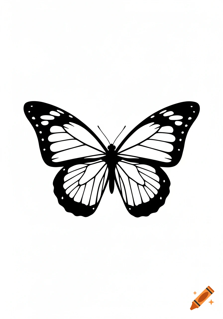 Black and white butterfly silhouette with prominent wing veins on a white background.
