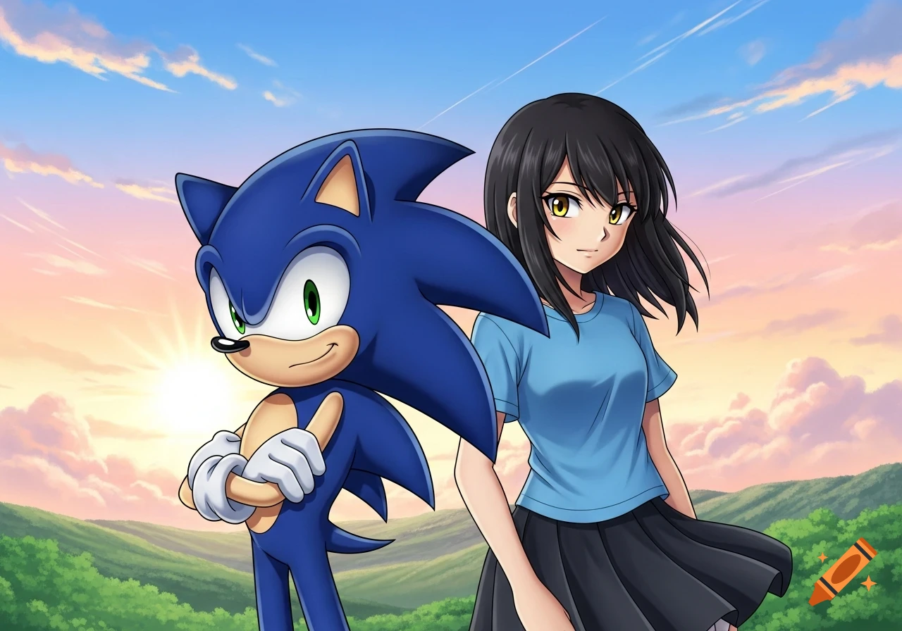 Anime-style Sonic the Hedgehog and a black-haired girl with yellow eyes stand together against a sunset sky and green hills.