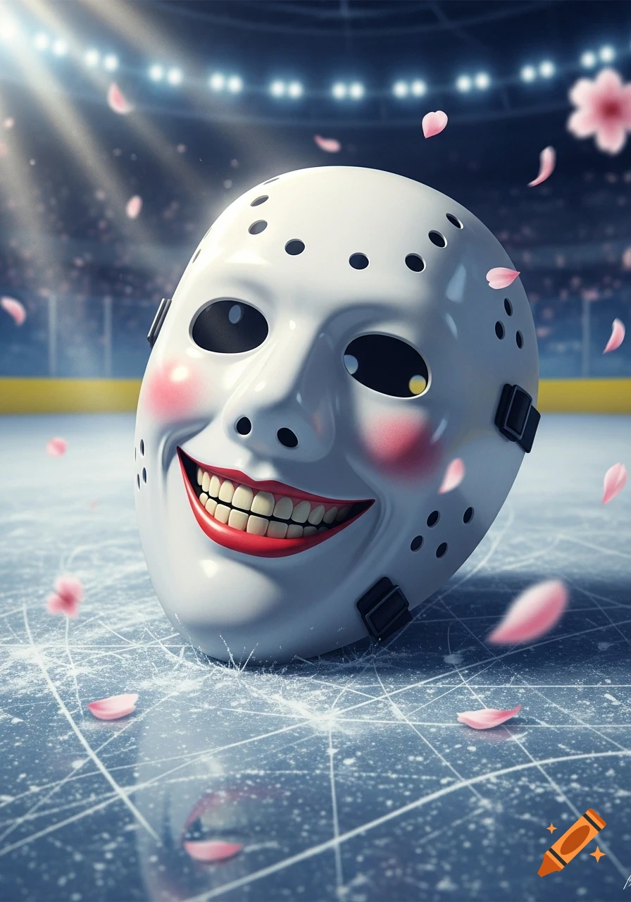A smiling white hockey mask with rosy cheeks and red lips rests on an ice rink, surrounded by falling pink cherry blossoms. A stadium glows in the background.