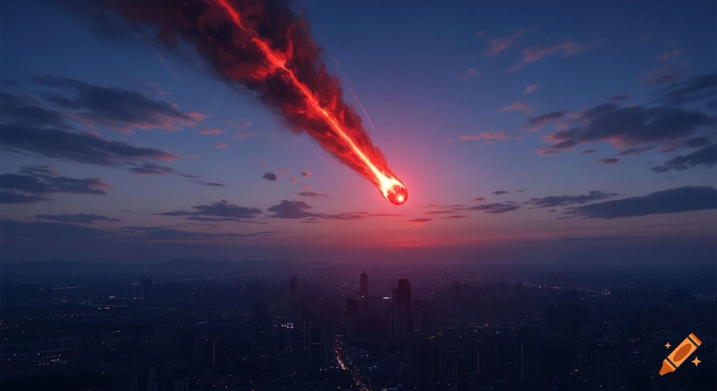 Red Meteor Image A glowing red meteor with a fiery trail streaks across a twilight sky ...