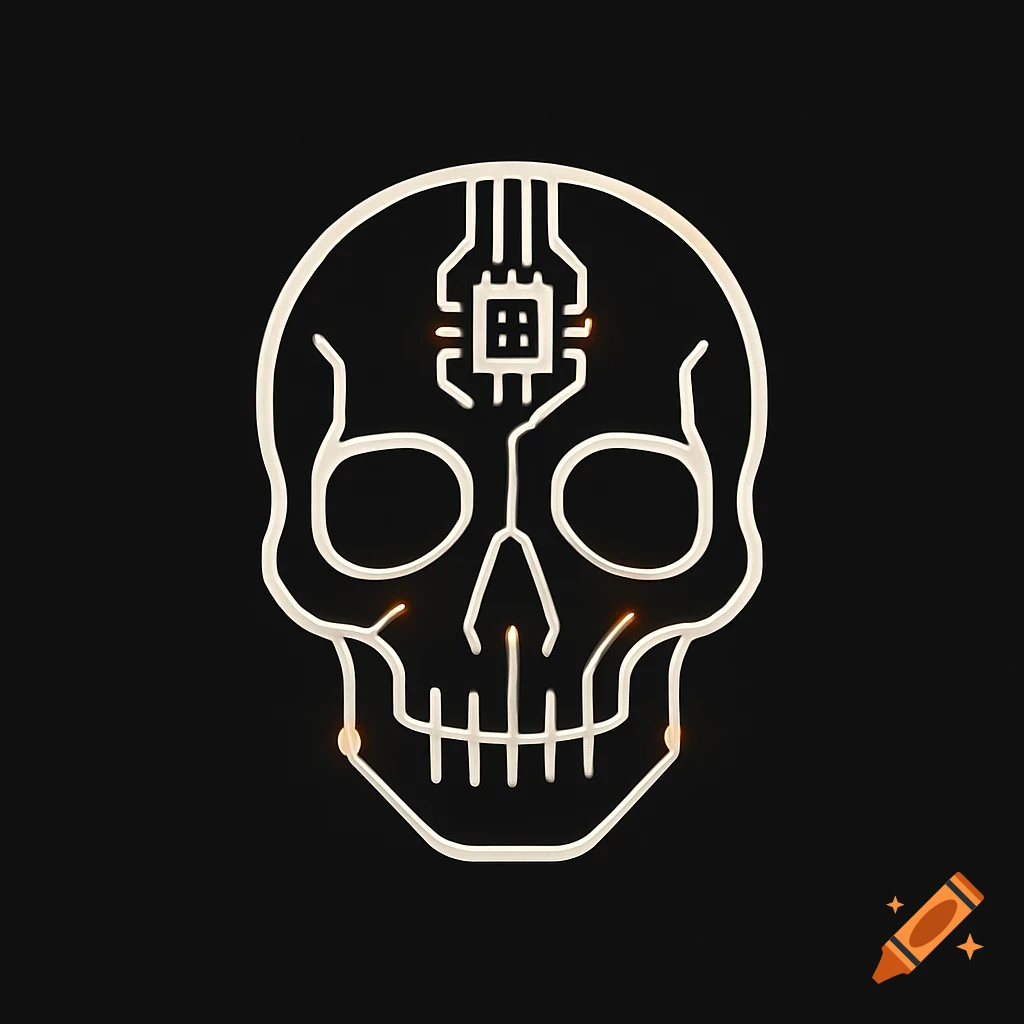 A minimalist white line art skull logo with a microchip design on its forehead and subtle glowing accents, on a black background.