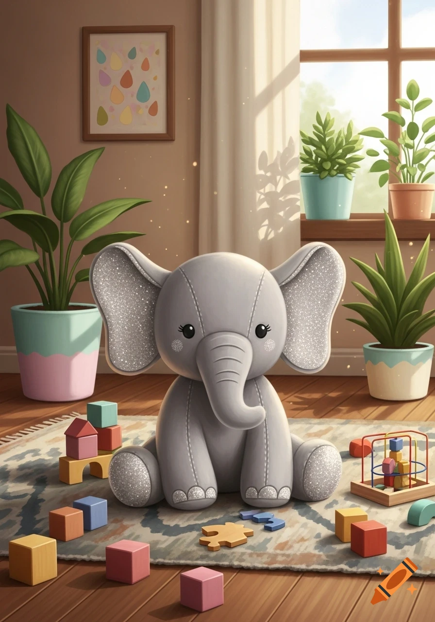 A glittery gray plush elephant toy sits on a patterned rug, surrounded by colorful building blocks and puzzles in a bright child's room.