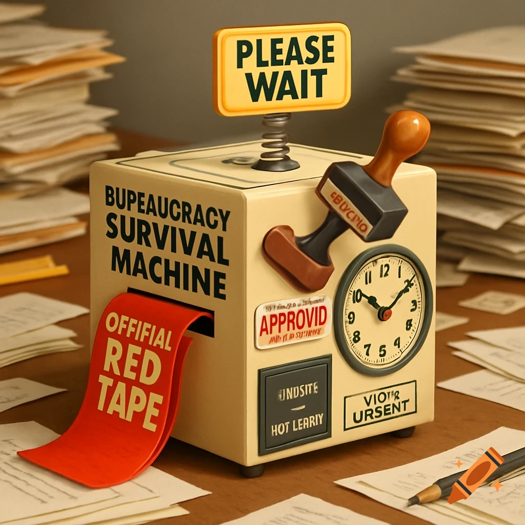 A satirical "Bureaucracy Survival Machine" cube on a cluttered desk, with a "PLEASE WAIT" sign, red tape, a clock, and various labels.