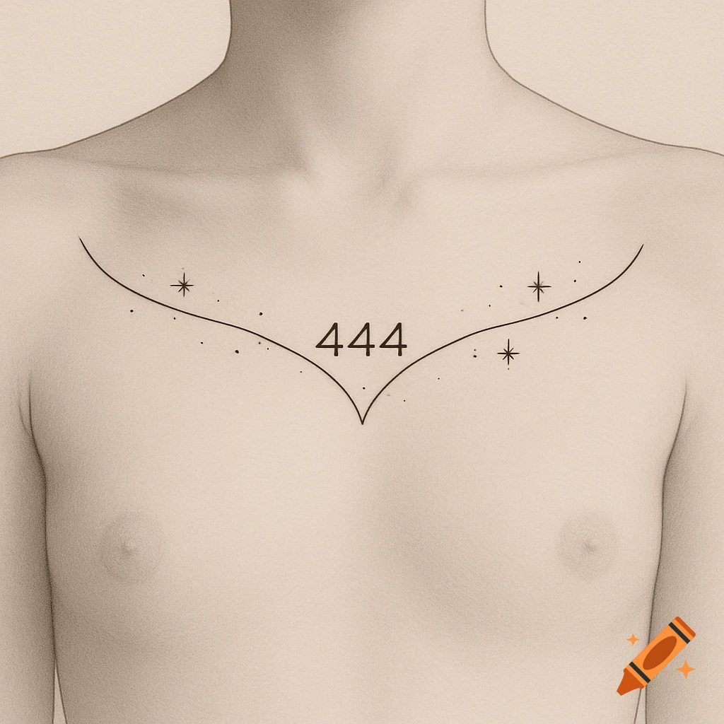 Minimalist fine-line tattoo of the number 444 on a gender-neutral torso, featuring a curved line with small dots and stars, in a clean, elegant, celestial style.
