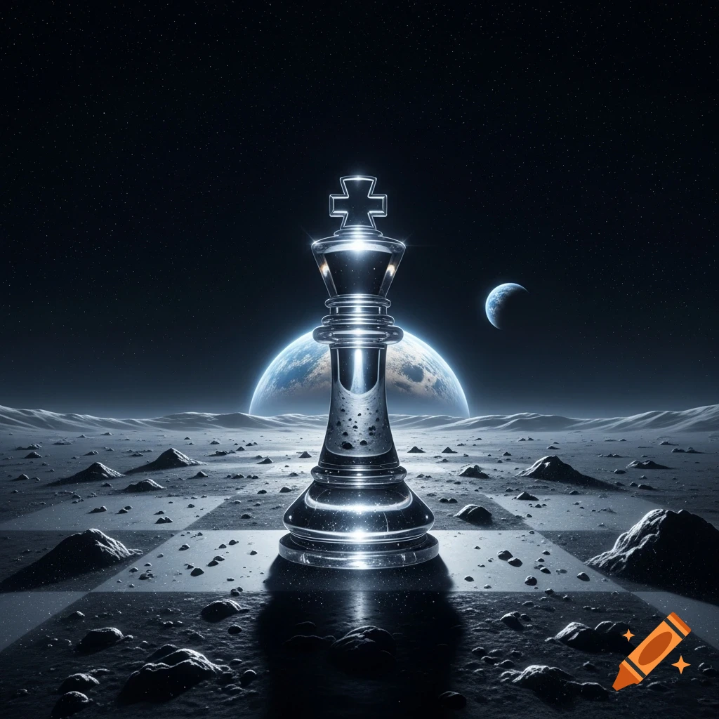 A shimmering, metallic chess king stands on a detailed lunar surface with Earth and a crescent moon in the starry background.