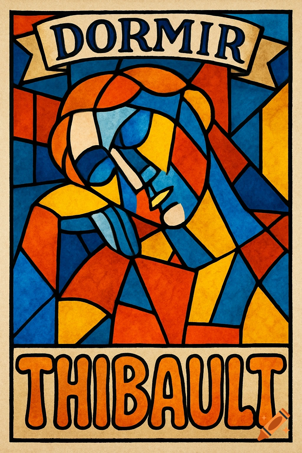Colorful cubist stained-glass illustration of a sleeping figure made of geometric shapes in blue, orange, and yellow, with "DORMIR" at the top and "THIBAULT" at the bottom.