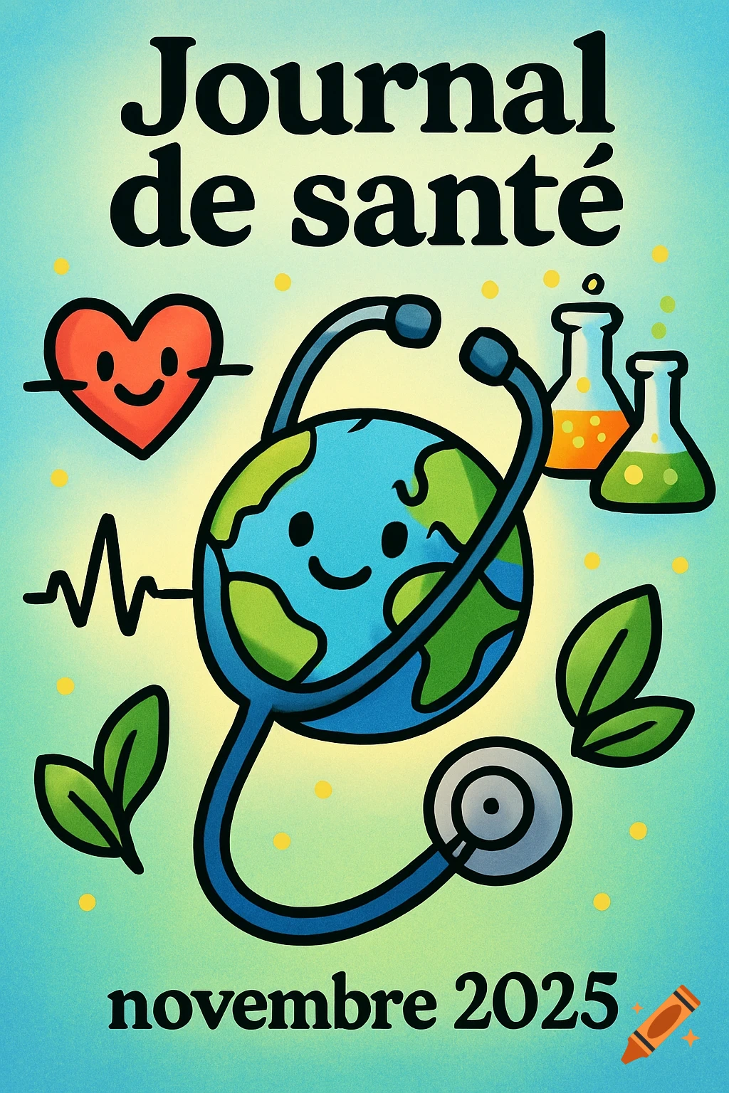Cartoon illustration cover with a happy Earth wearing a stethoscope, a heart, beakers, and leaves, with text 'Journal de santé, novembre 2025'.