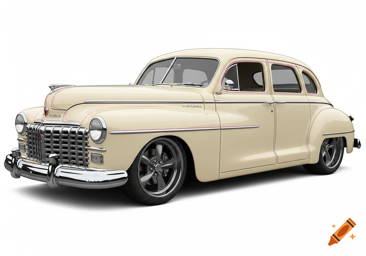 A cream 1947 Dodge D24 sedan with pink pinstripes, lowered stance, and gunmetal grey wheels, on a white background.