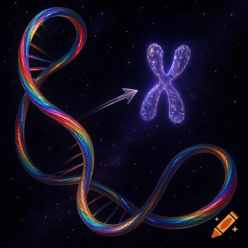 A rainbow-colored DNA helix twists in a starry space background, with an arrow pointing to a glowing purple X chromosome.